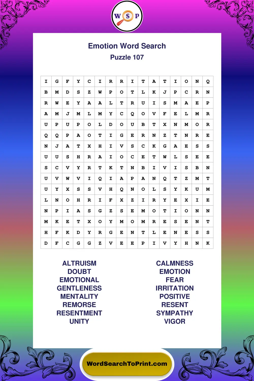 Emotion Word Search Puzzle 107