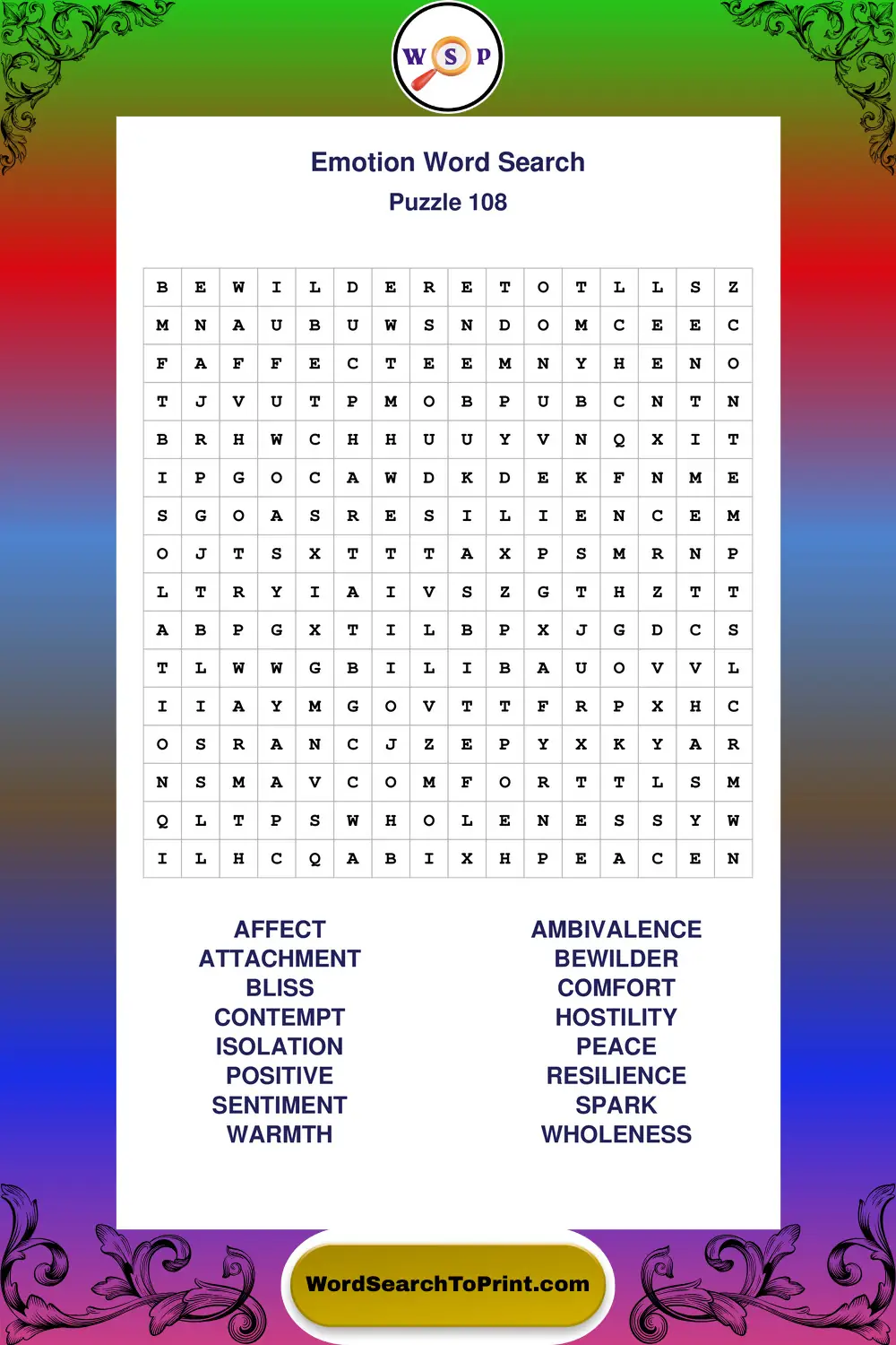 Emotion Word Search Puzzle 108
