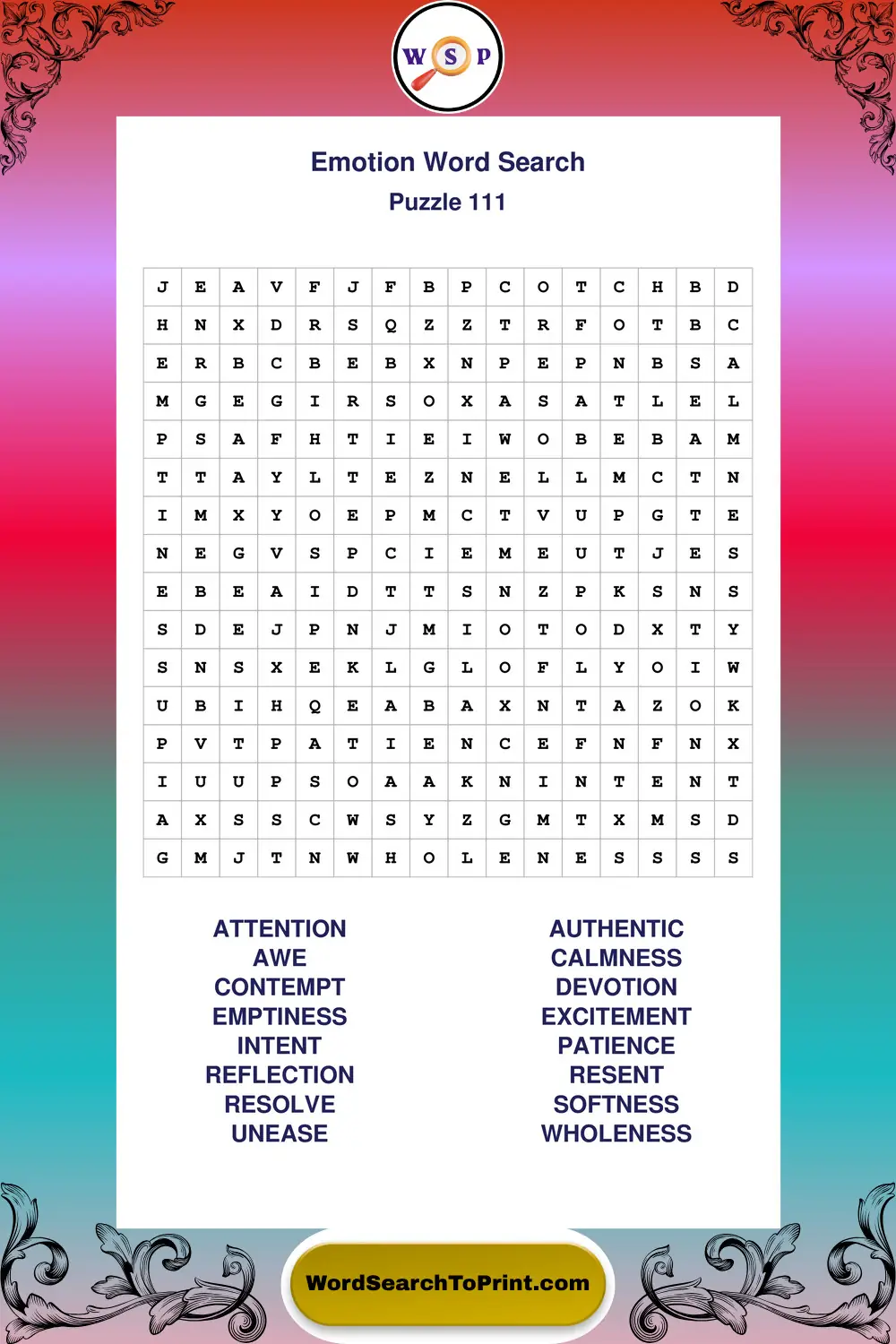 Emotion Word Search Puzzle 111