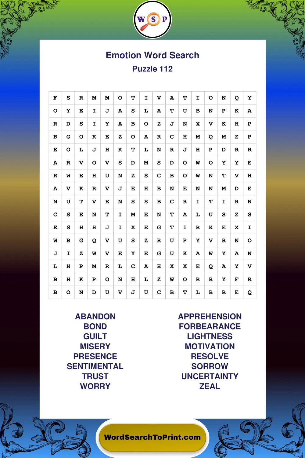 Emotion Word Search Puzzle 112
