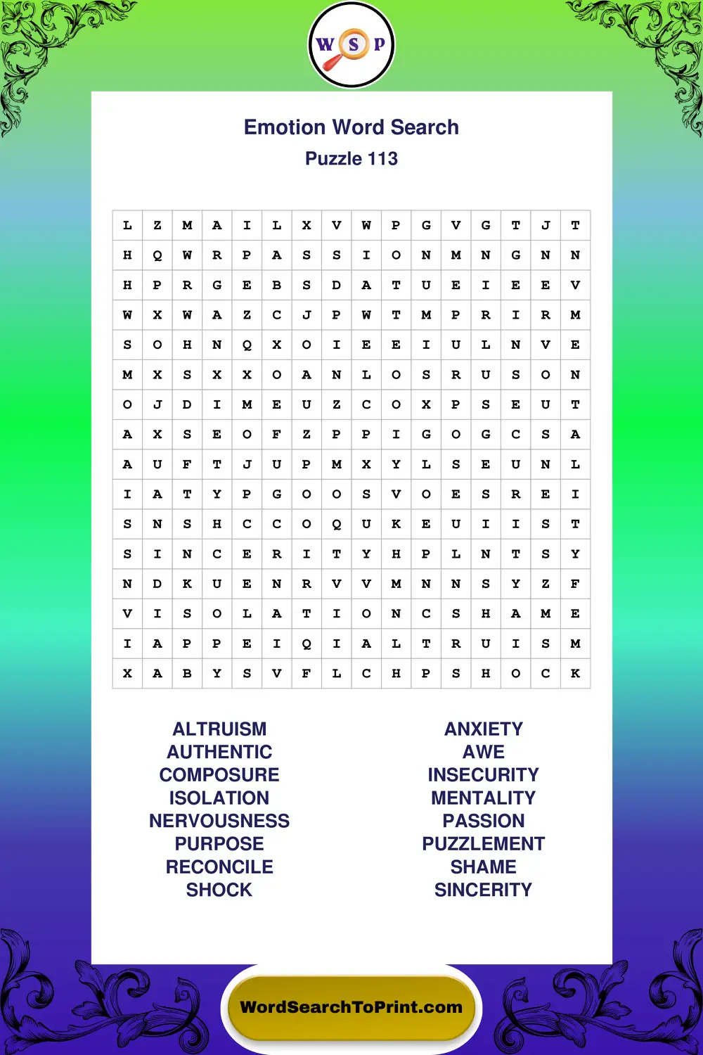 Emotion Word Search Puzzle 113