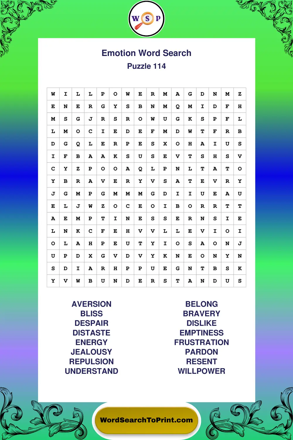 Emotion Word Search Puzzle 114