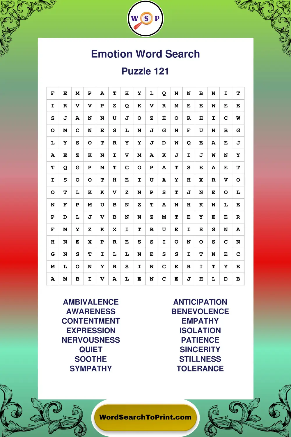 Emotion Word Search Puzzle 121