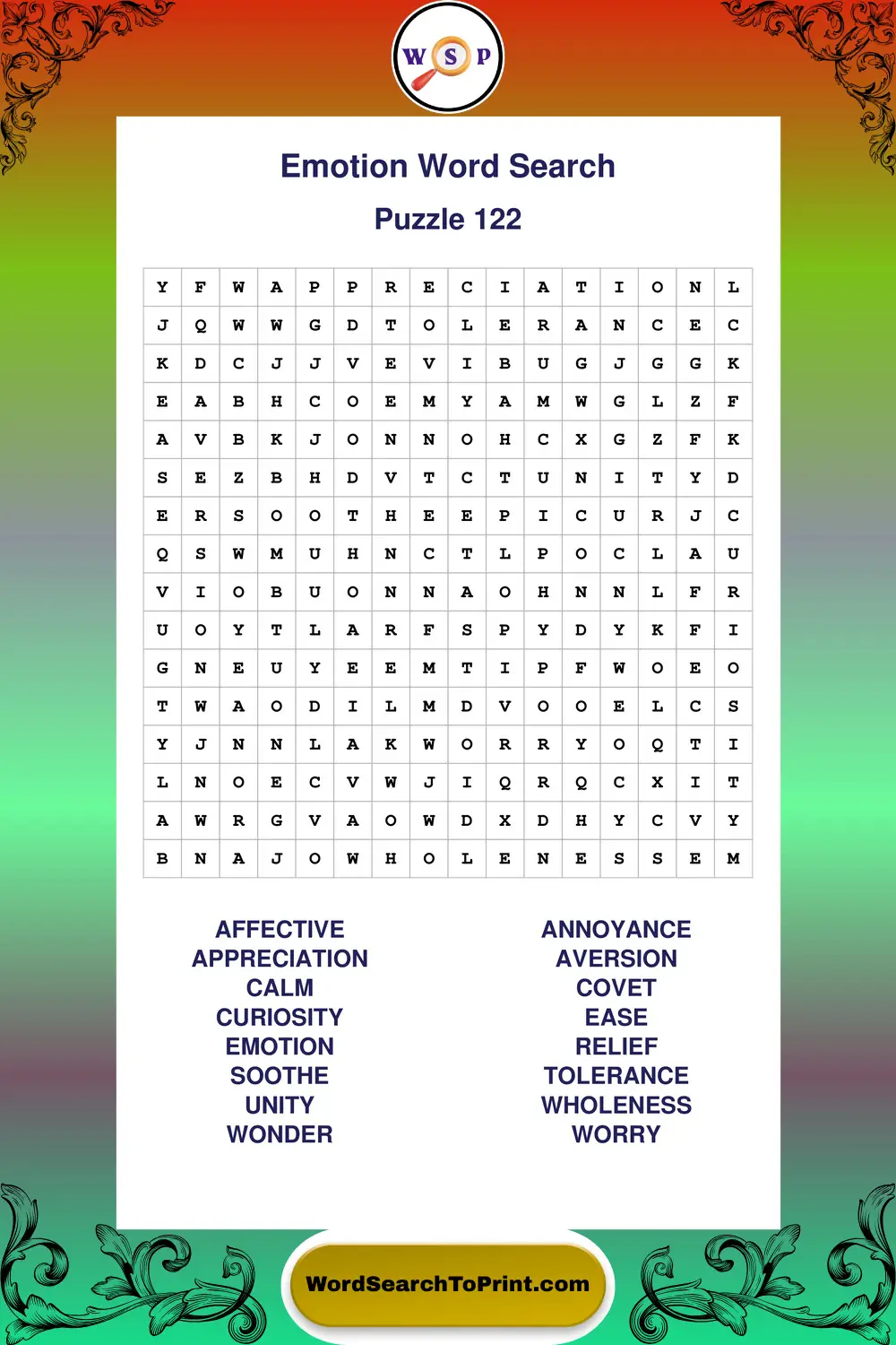 Emotion Word Search Puzzle 122