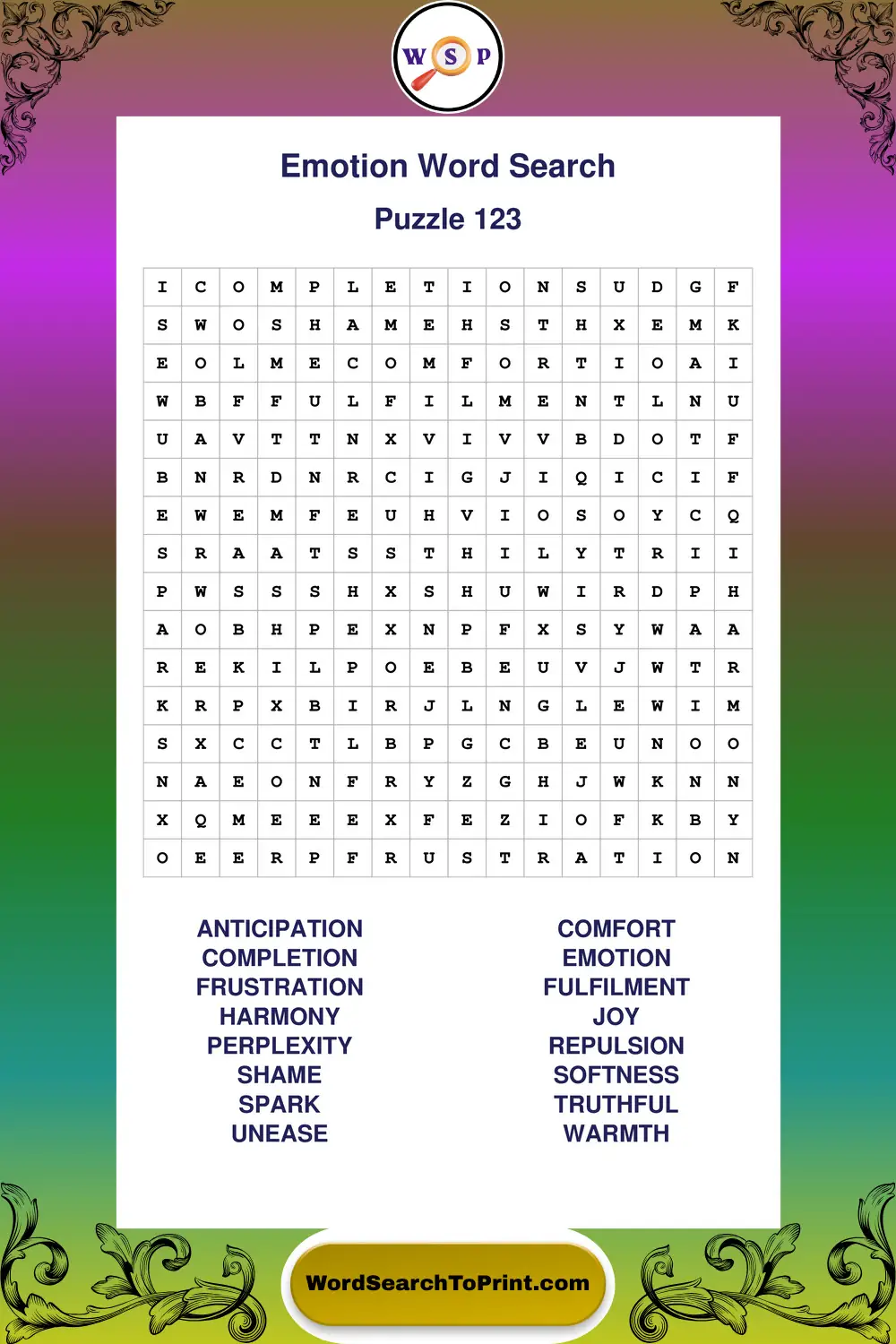 Emotion Word Search Puzzle 123