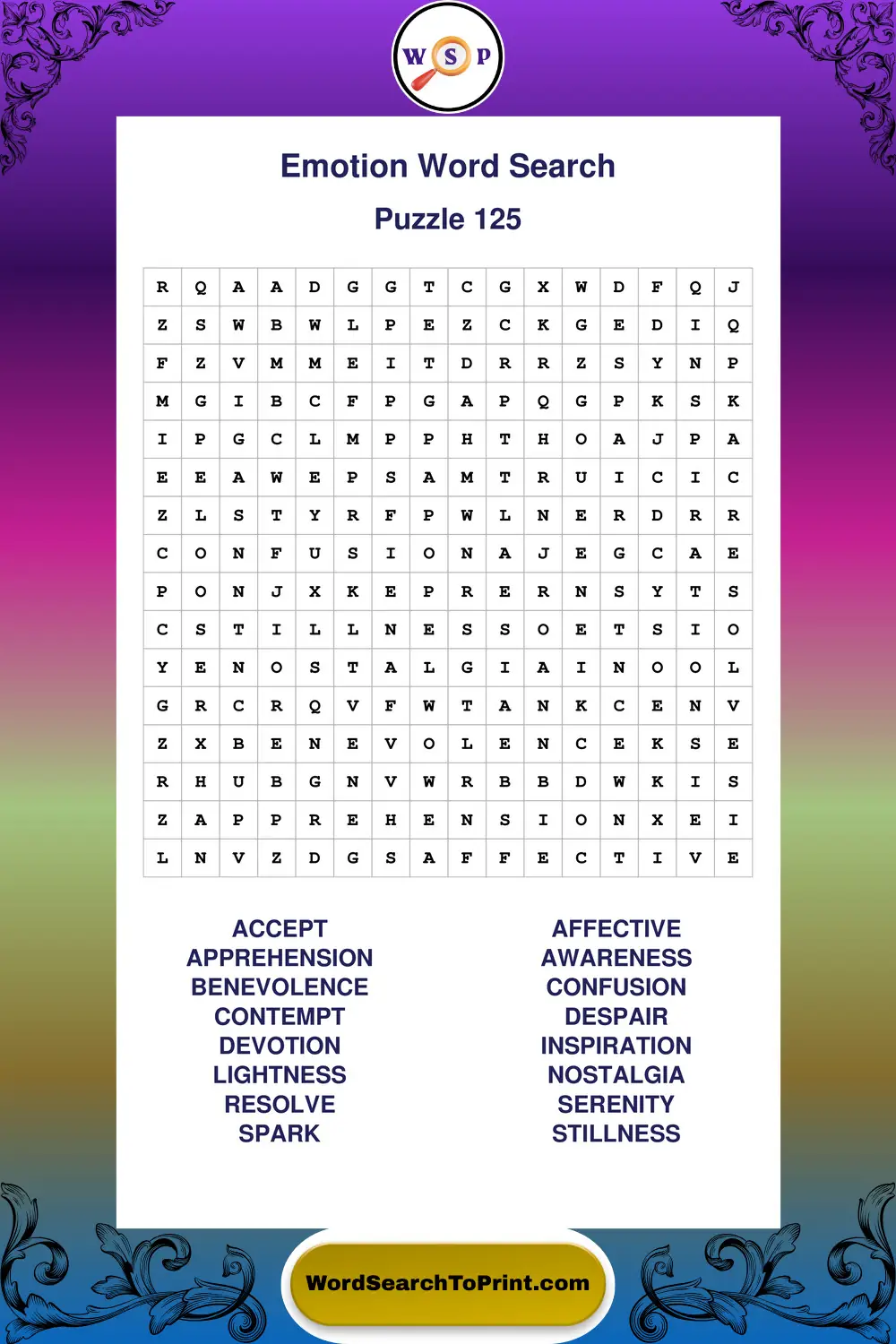 Emotion Word Search Puzzle 125