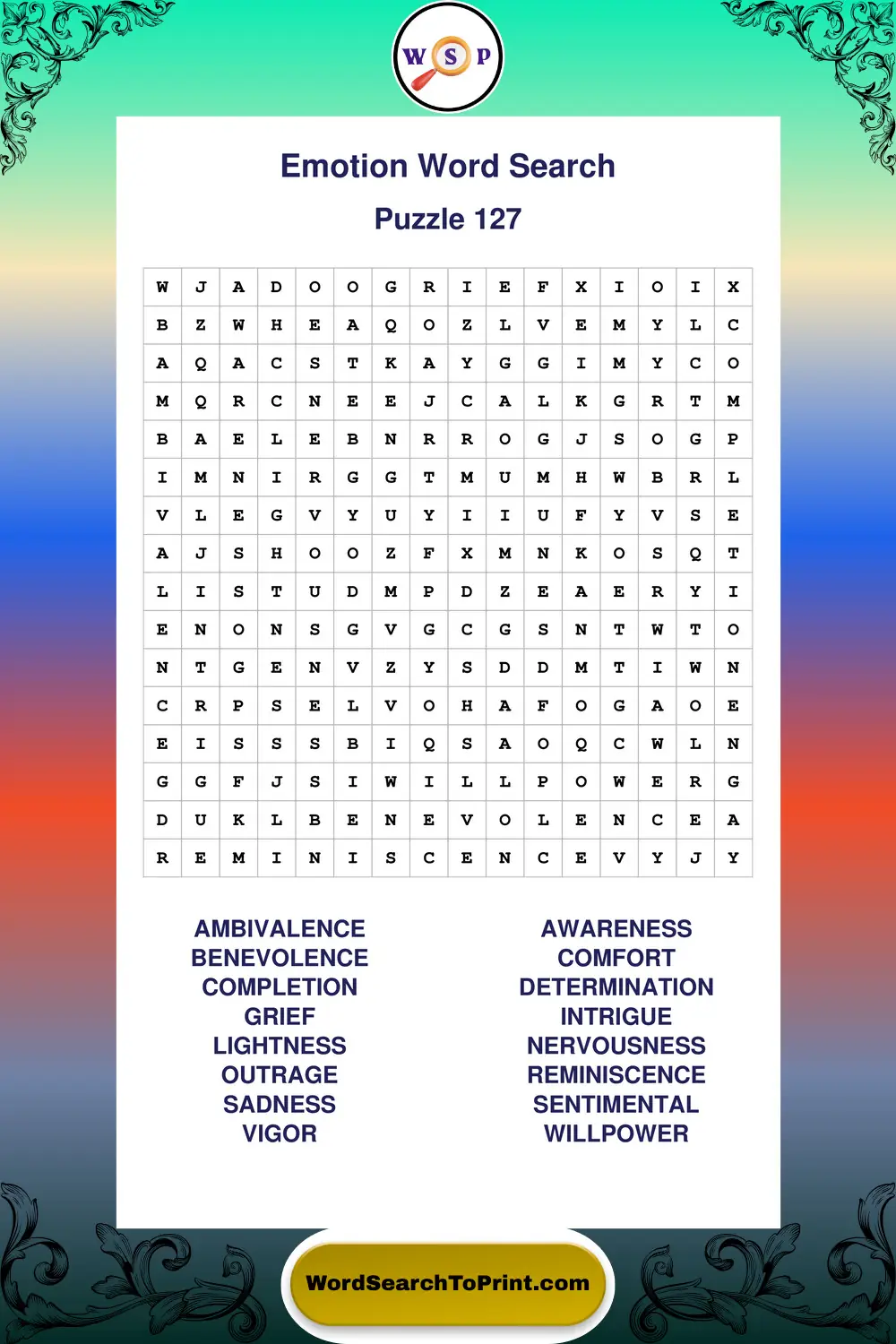 Emotion Word Search Puzzle 127