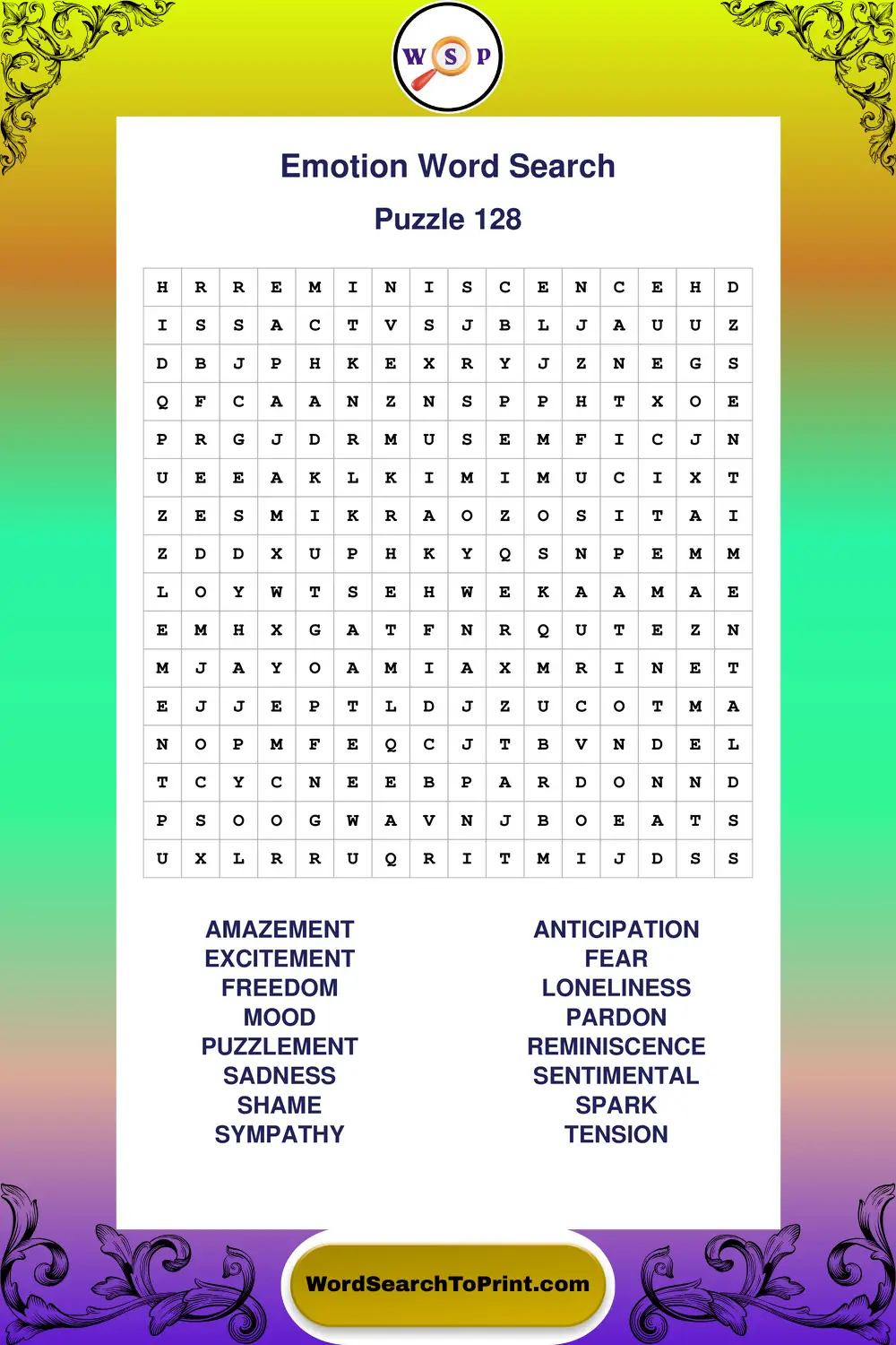 Emotion Word Search Puzzle 128