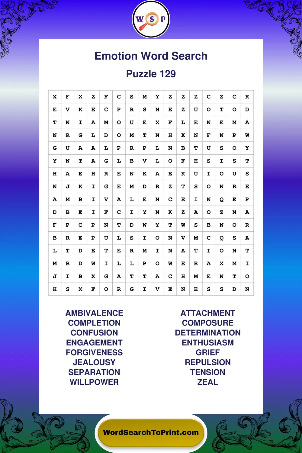 Emotion Word Search Puzzle 129
