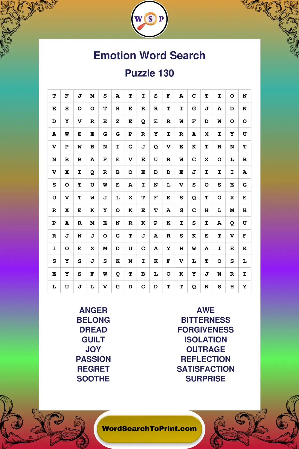 Emotion Word Search Puzzle 130