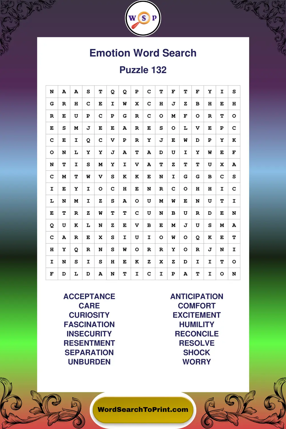 Emotion Word Search Puzzle 132