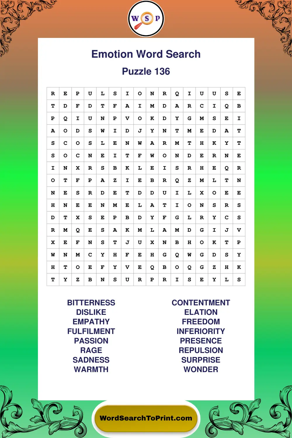 Emotion Word Search Puzzle 136