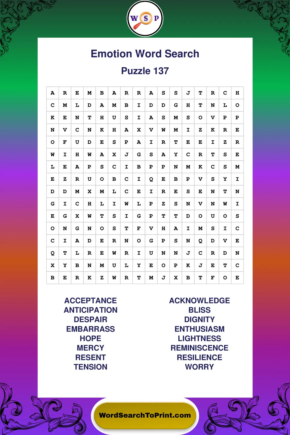 Emotion Word Search Puzzle 137