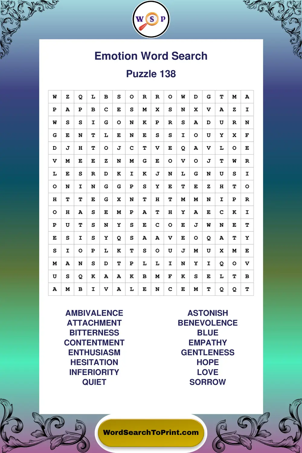 Emotion Word Search Puzzle 138