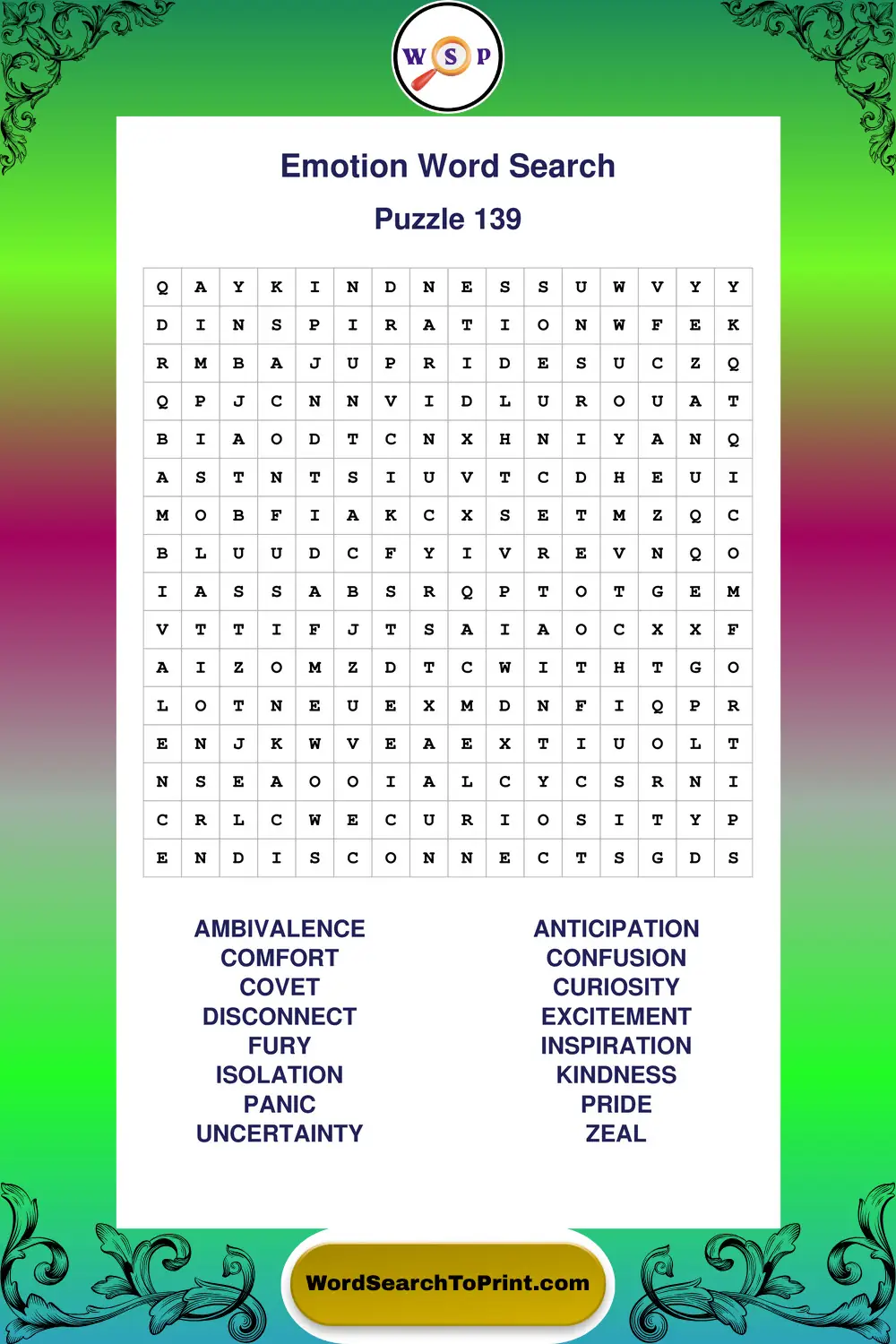 Emotion Word Search Puzzle 139