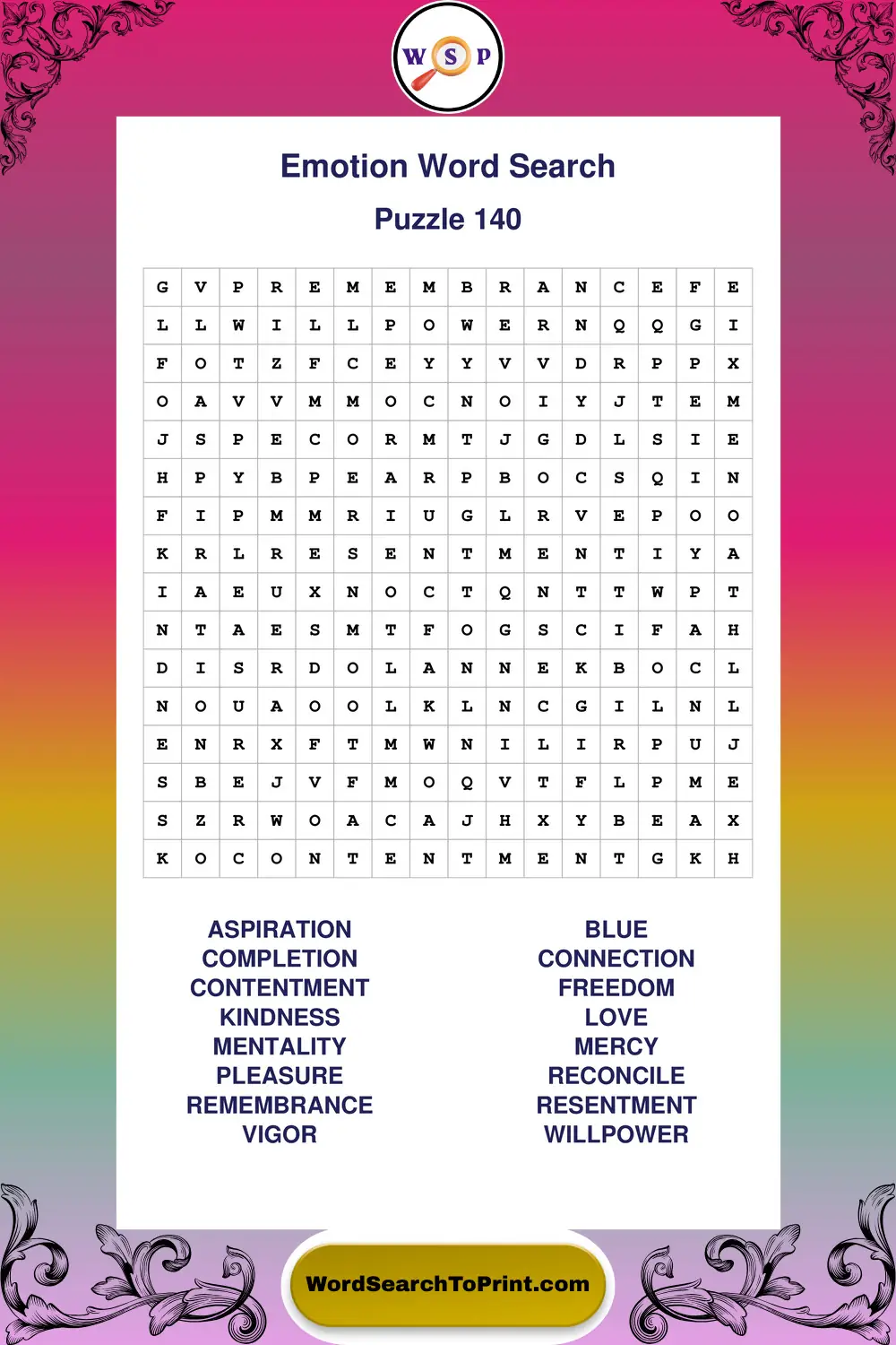 Emotion Word Search Puzzle 140