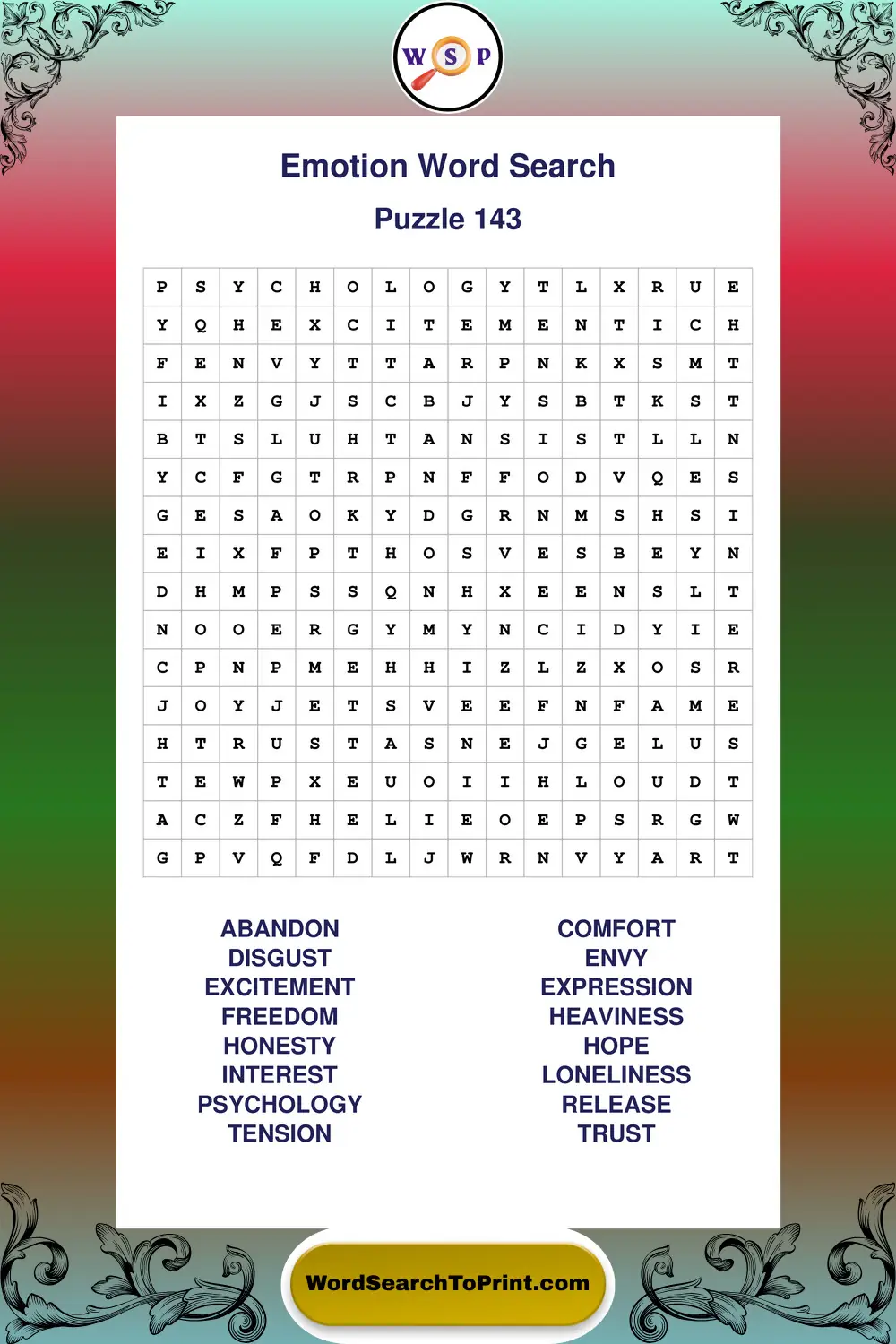 Emotion Word Search Puzzle 143