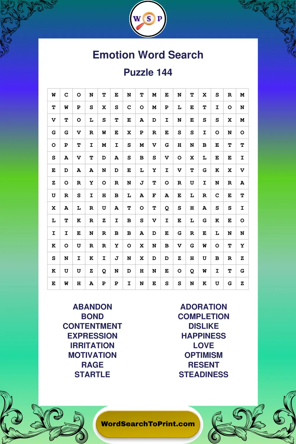 Emotion Word Search Puzzle 144