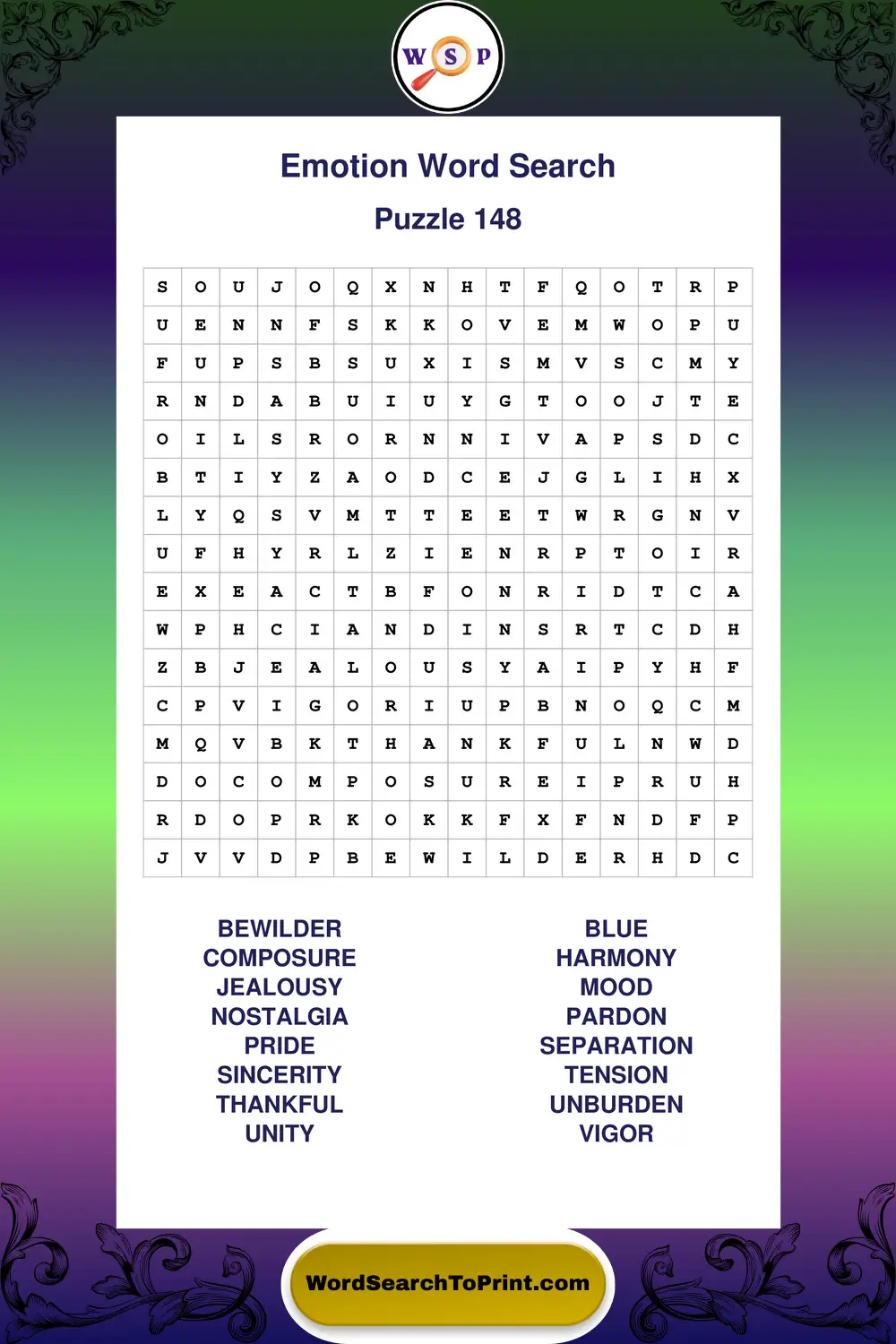 Emotion Word Search Puzzle 148
