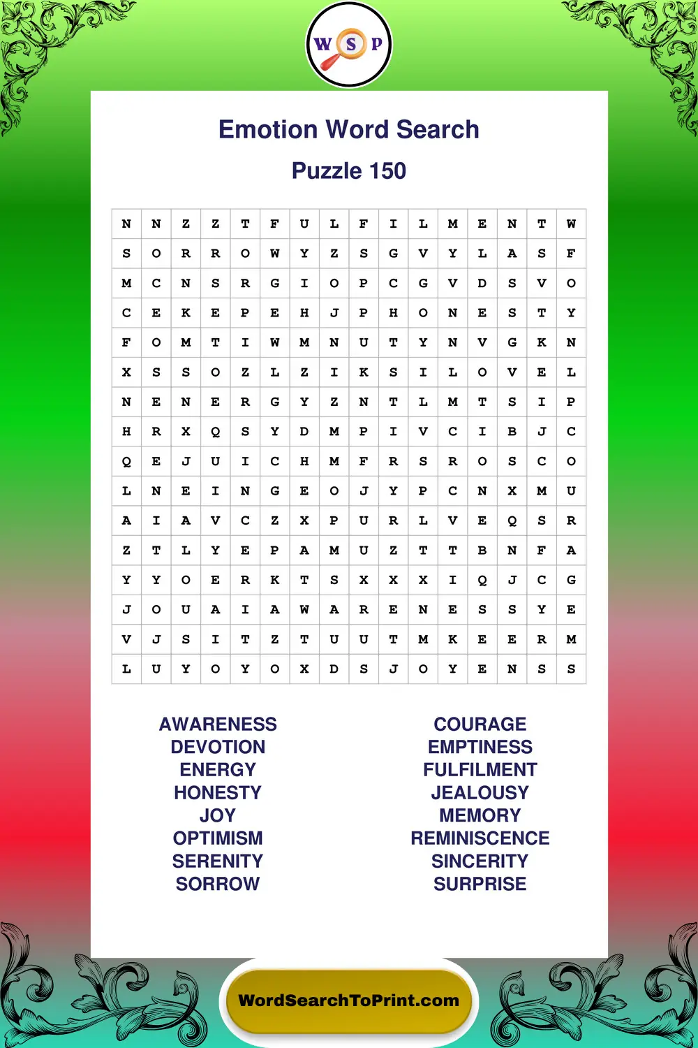 Emotion Word Search Puzzle 150