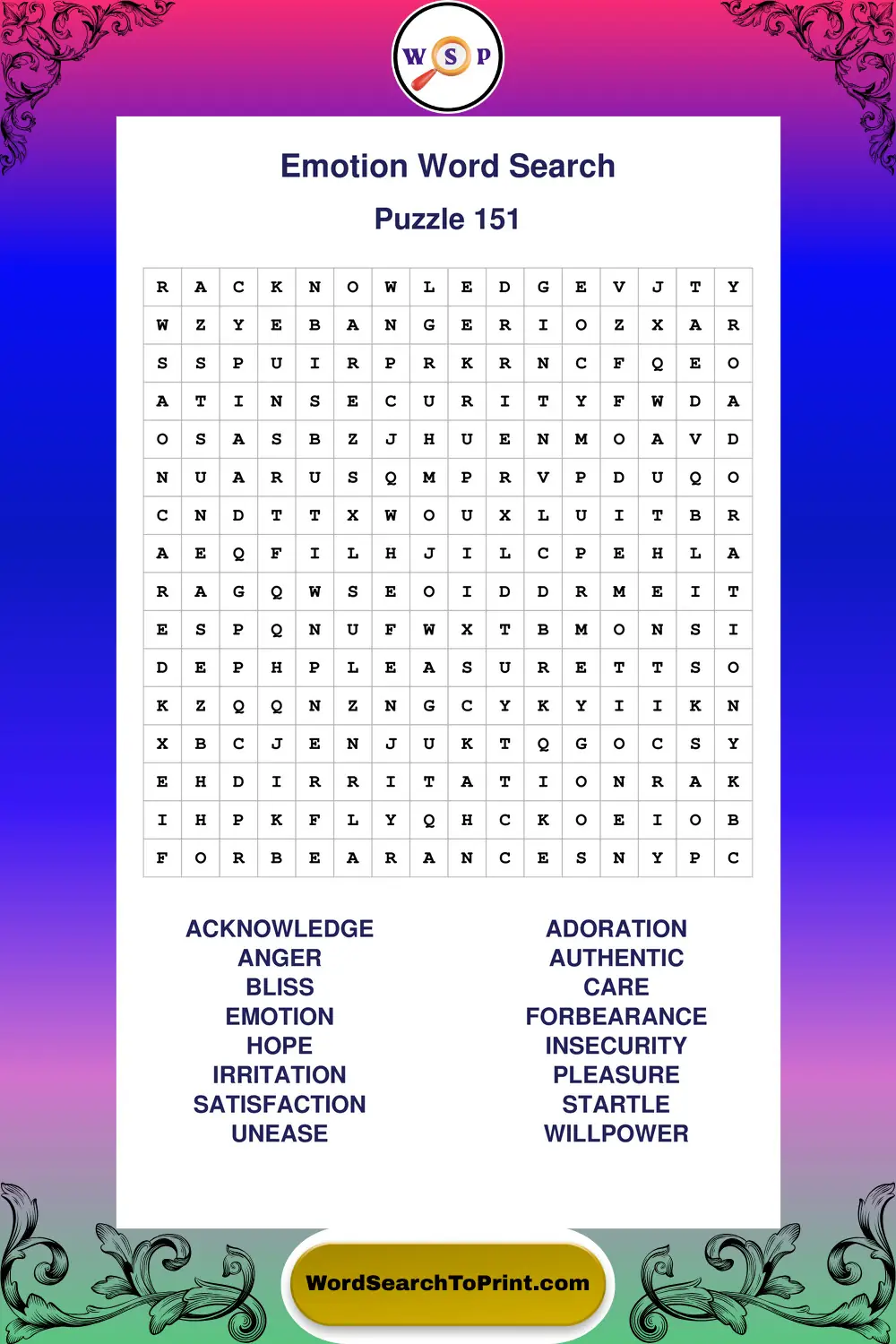 Emotion Word Search Puzzle 151