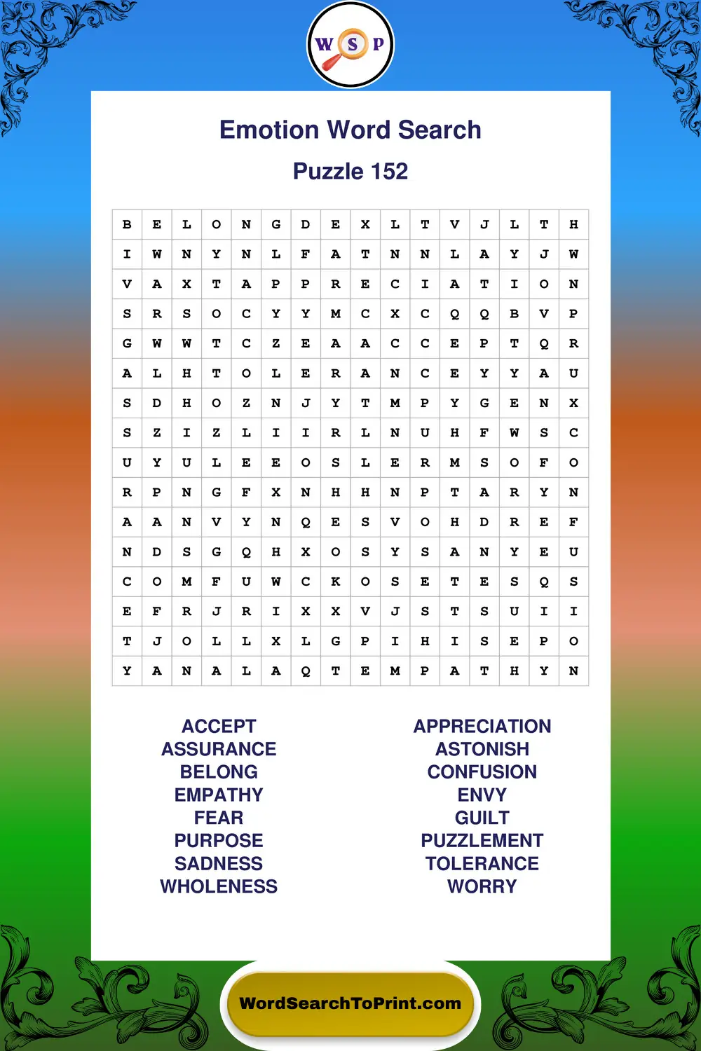 Emotion Word Search Puzzle 152
