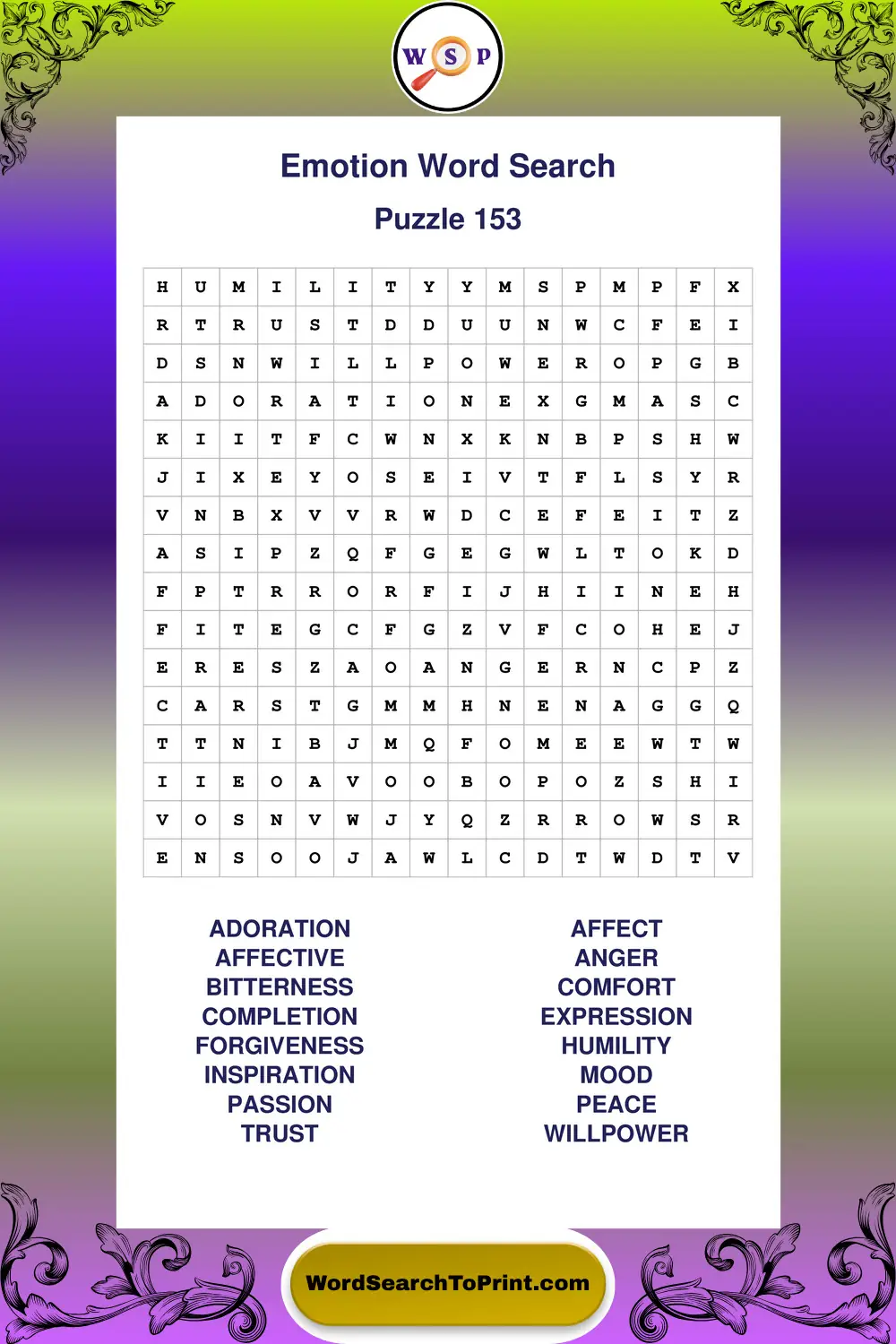Emotion Word Search Puzzle 153