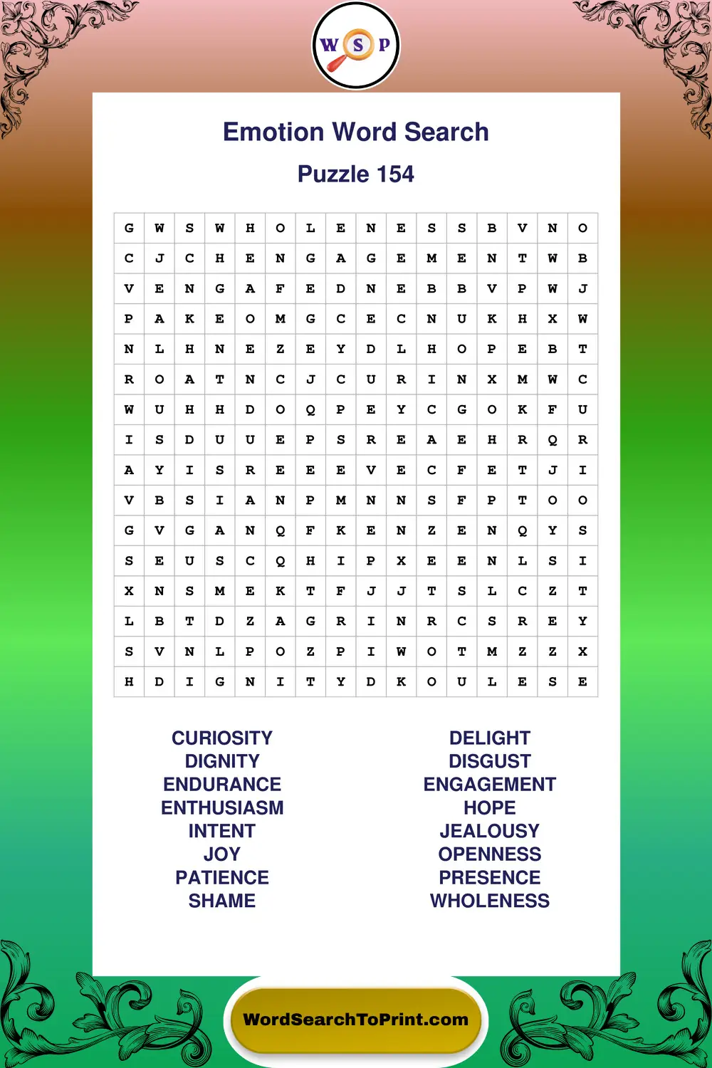 Emotion Word Search Puzzle 154