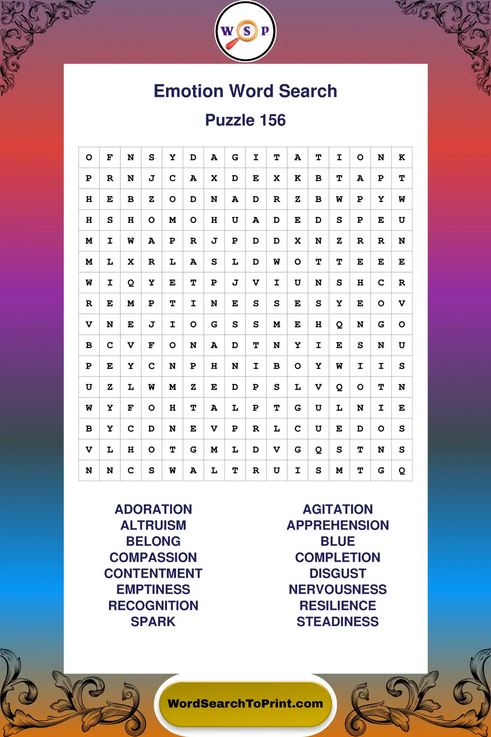 Emotion Word Search Puzzle 156