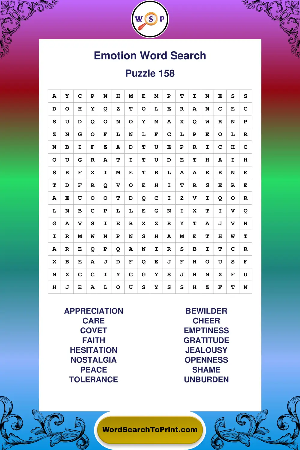 Emotion Word Search Puzzle 158