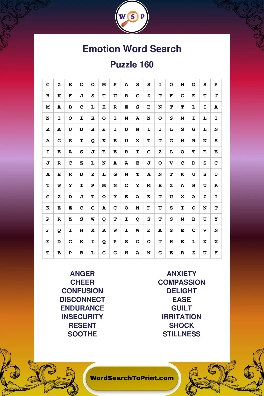Emotion Word Search Puzzle 160