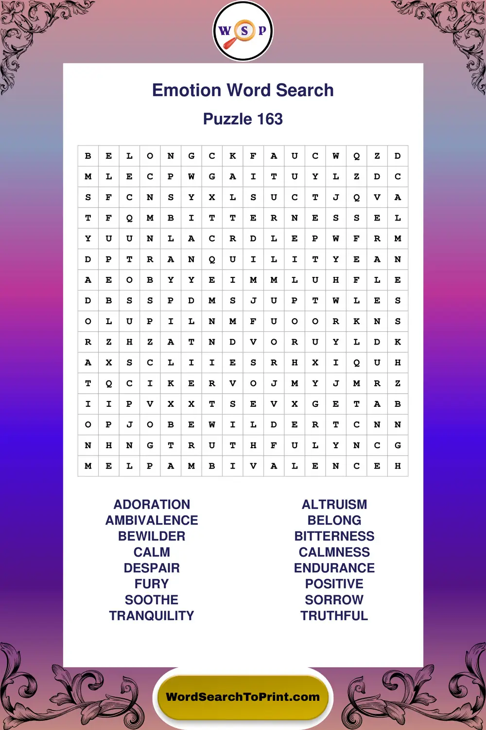 Emotion Word Search Puzzle 163