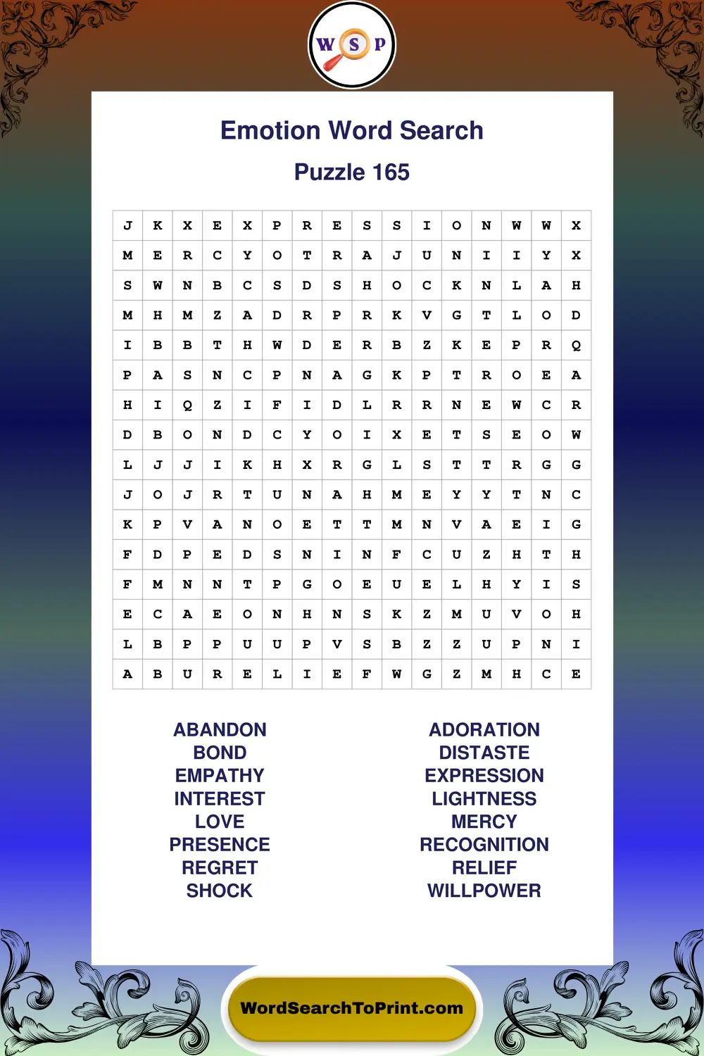 Emotion Word Search Puzzle 165