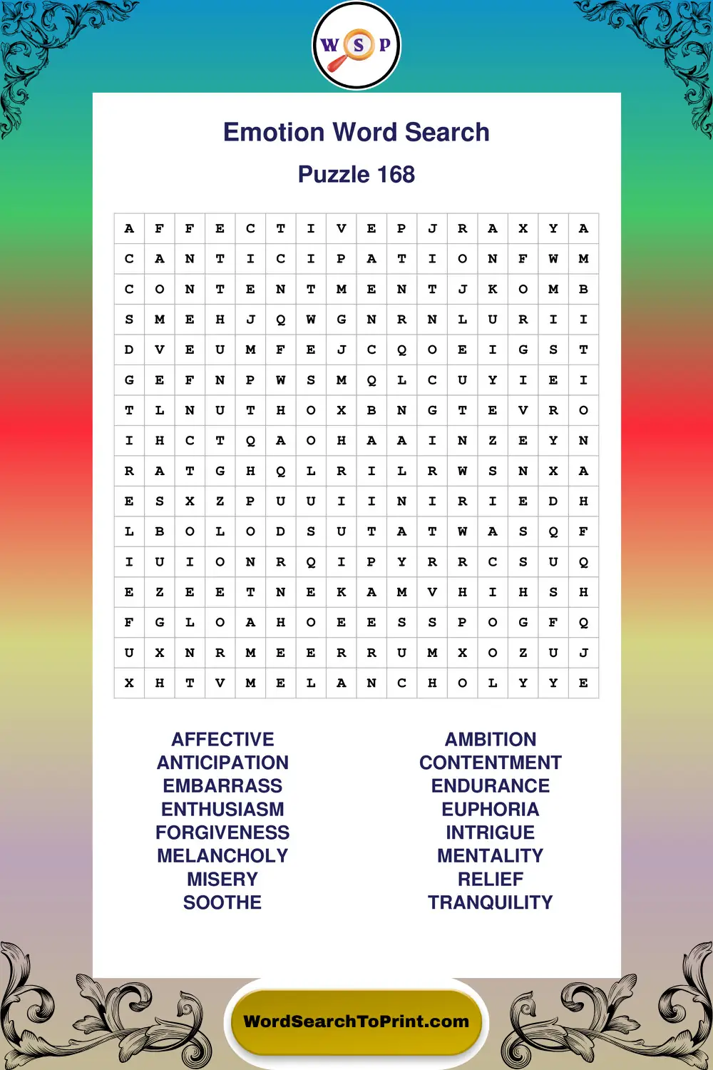 Emotion Word Search Puzzle 168