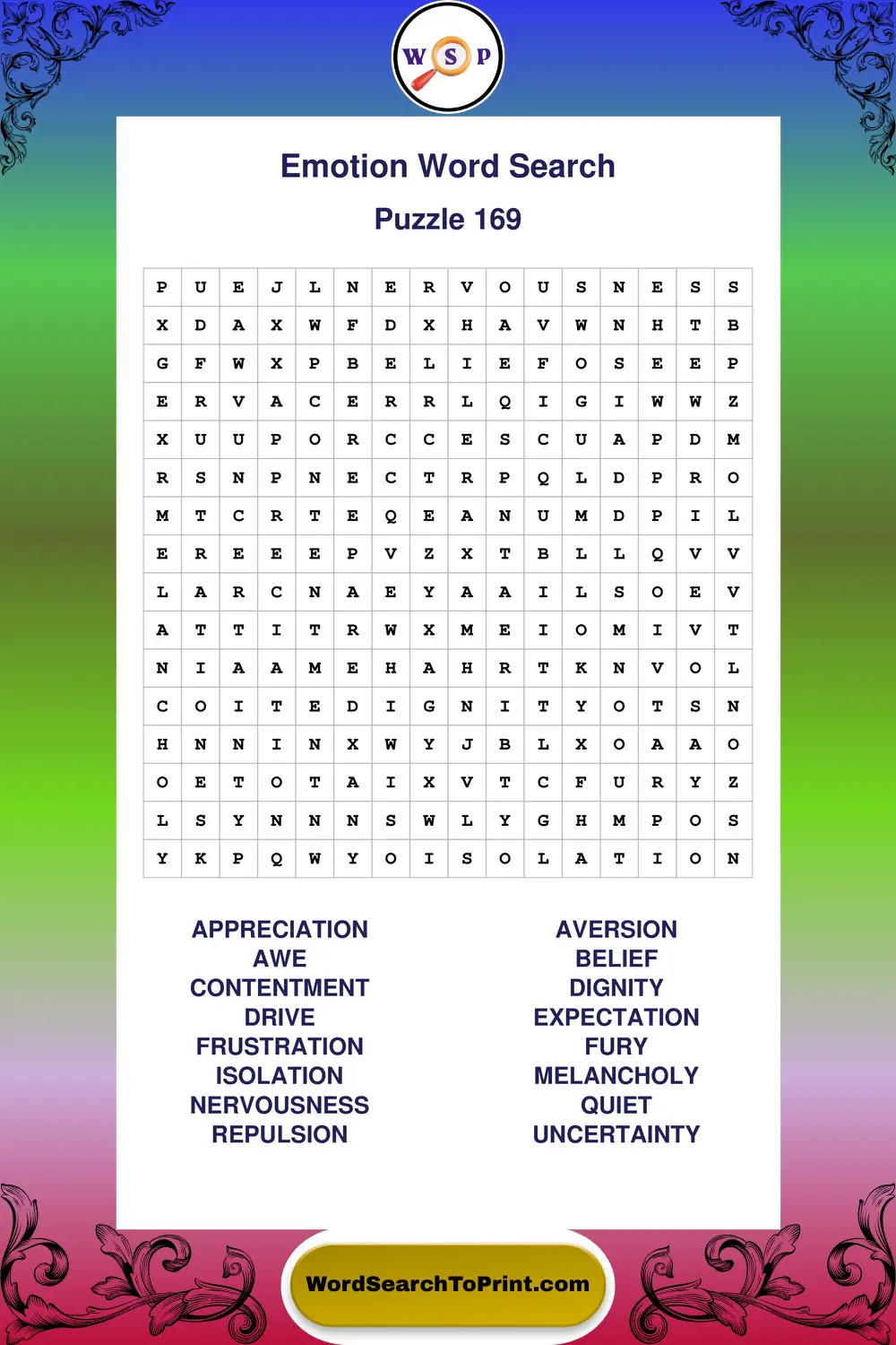 Emotion Word Search Puzzle 169