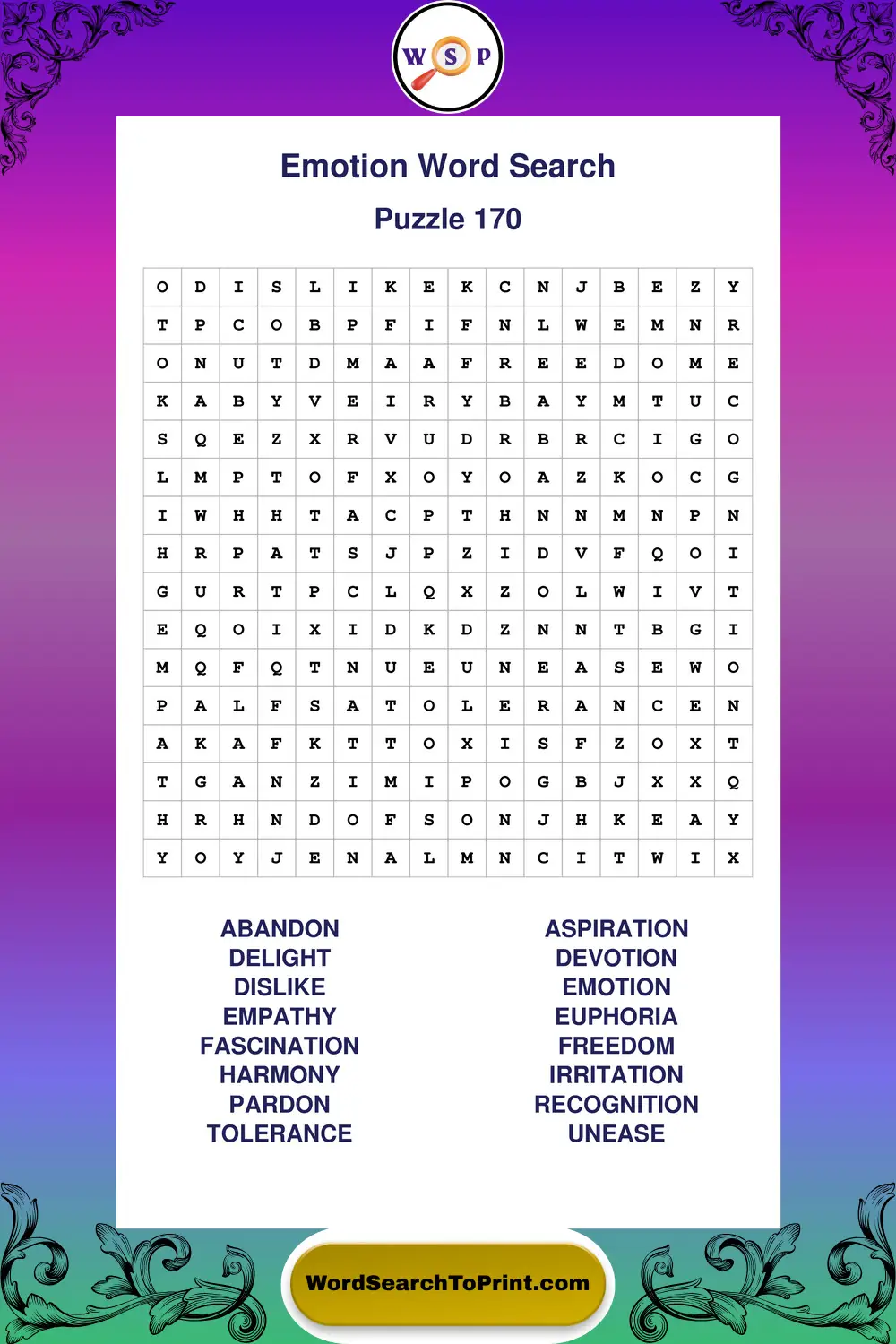 Emotion Word Search Puzzle 170