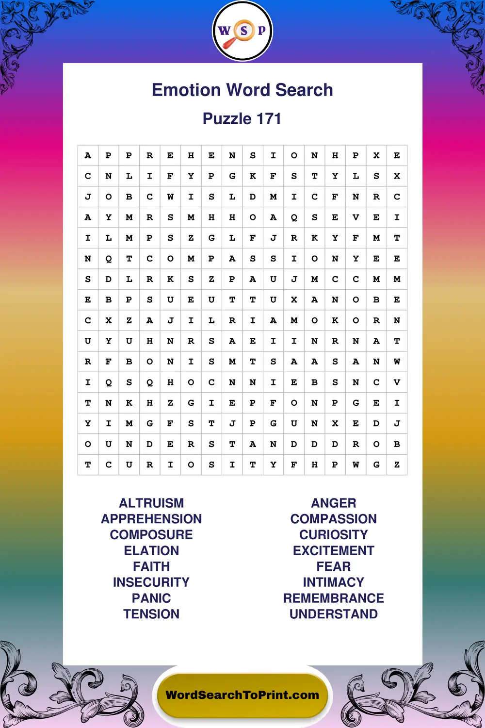Emotion Word Search Puzzle 171