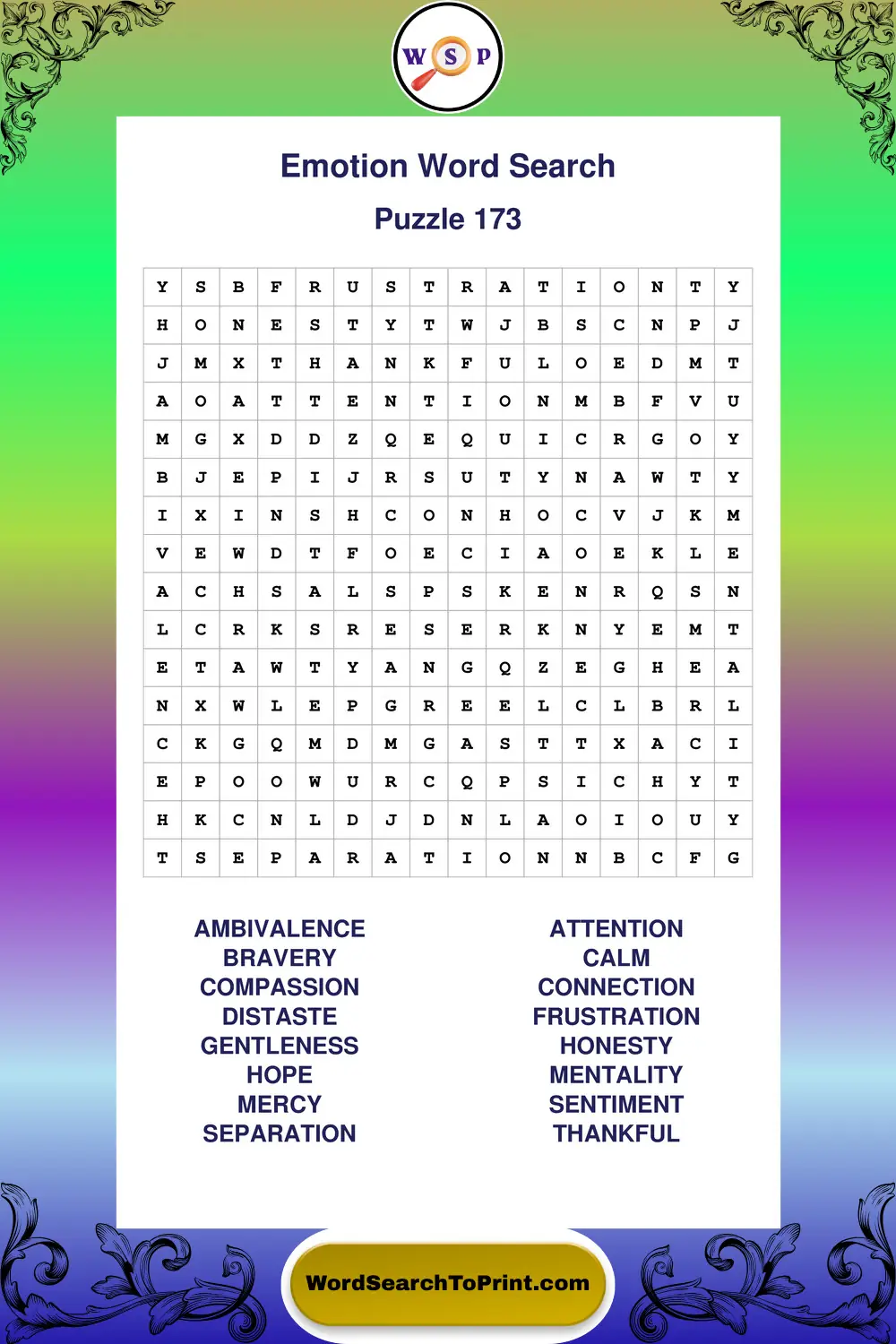 Emotion Word Search Puzzle 173
