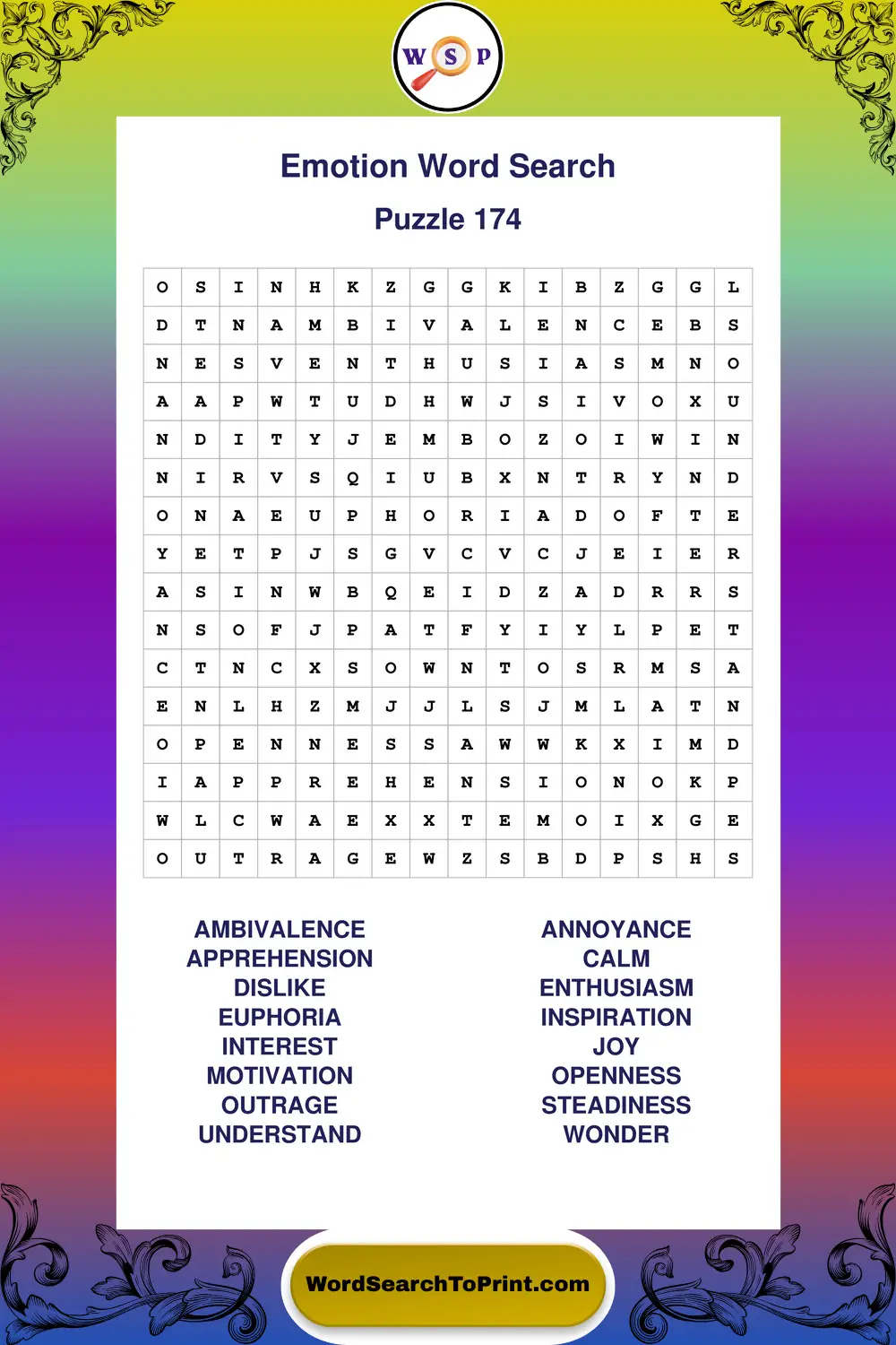 Emotion Word Search Puzzle 174