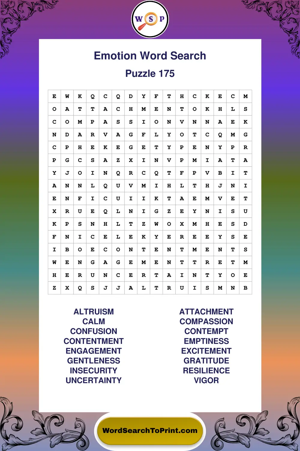 Emotion Word Search Puzzle 175