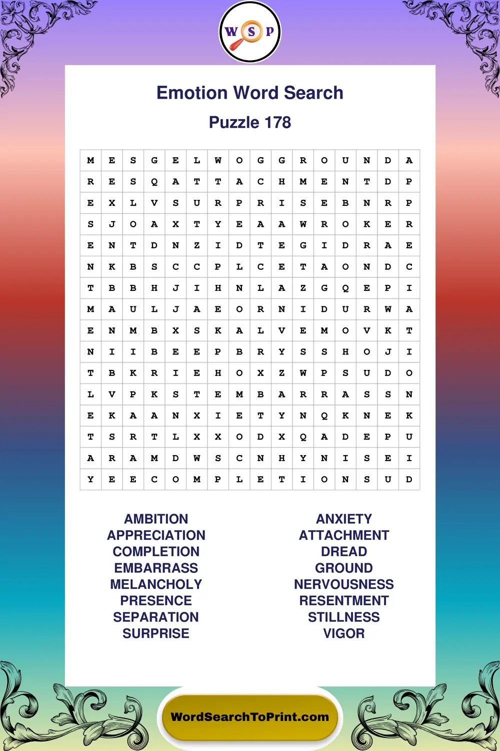 Emotion Word Search Puzzle 178