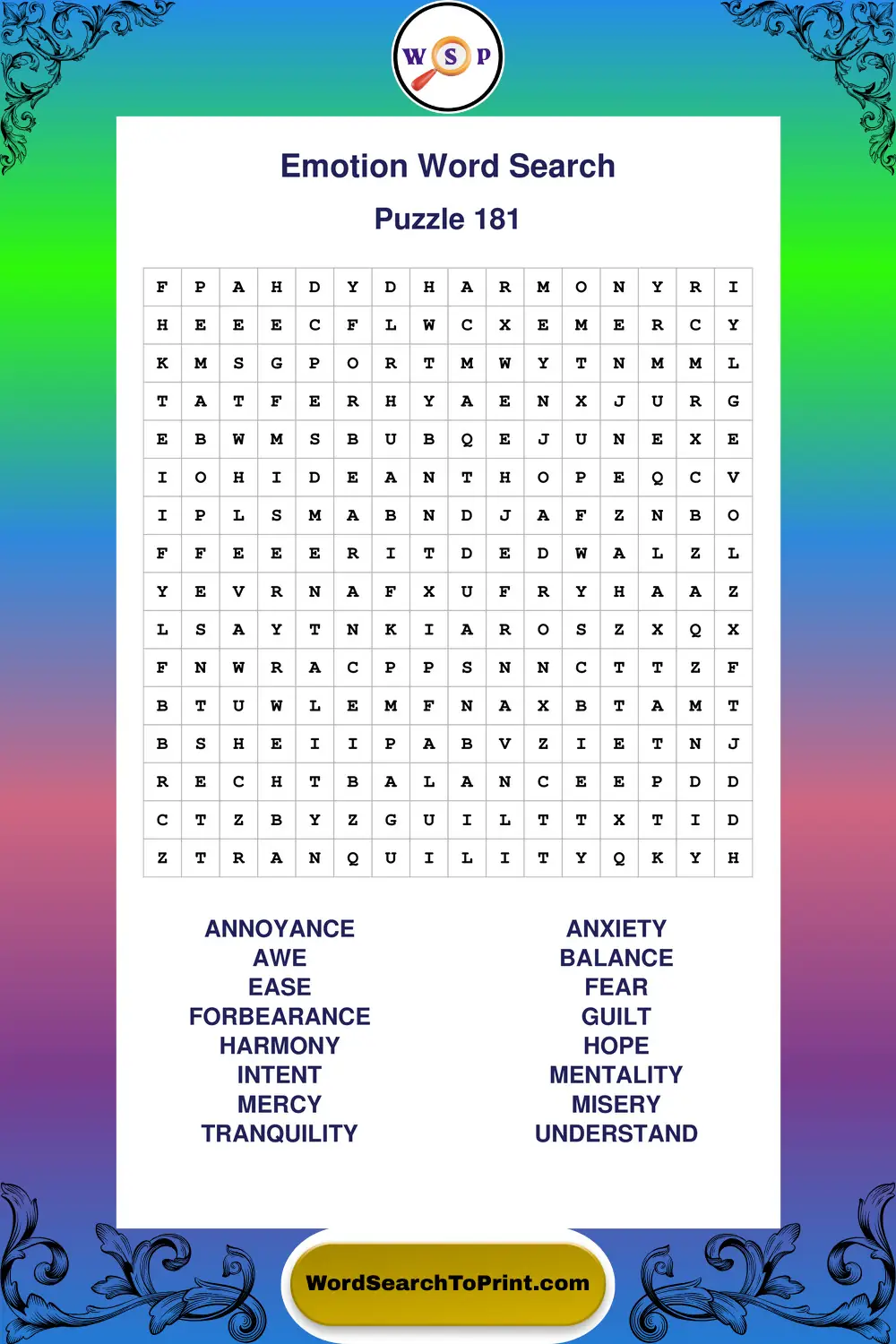 Emotion Word Search Puzzle 181