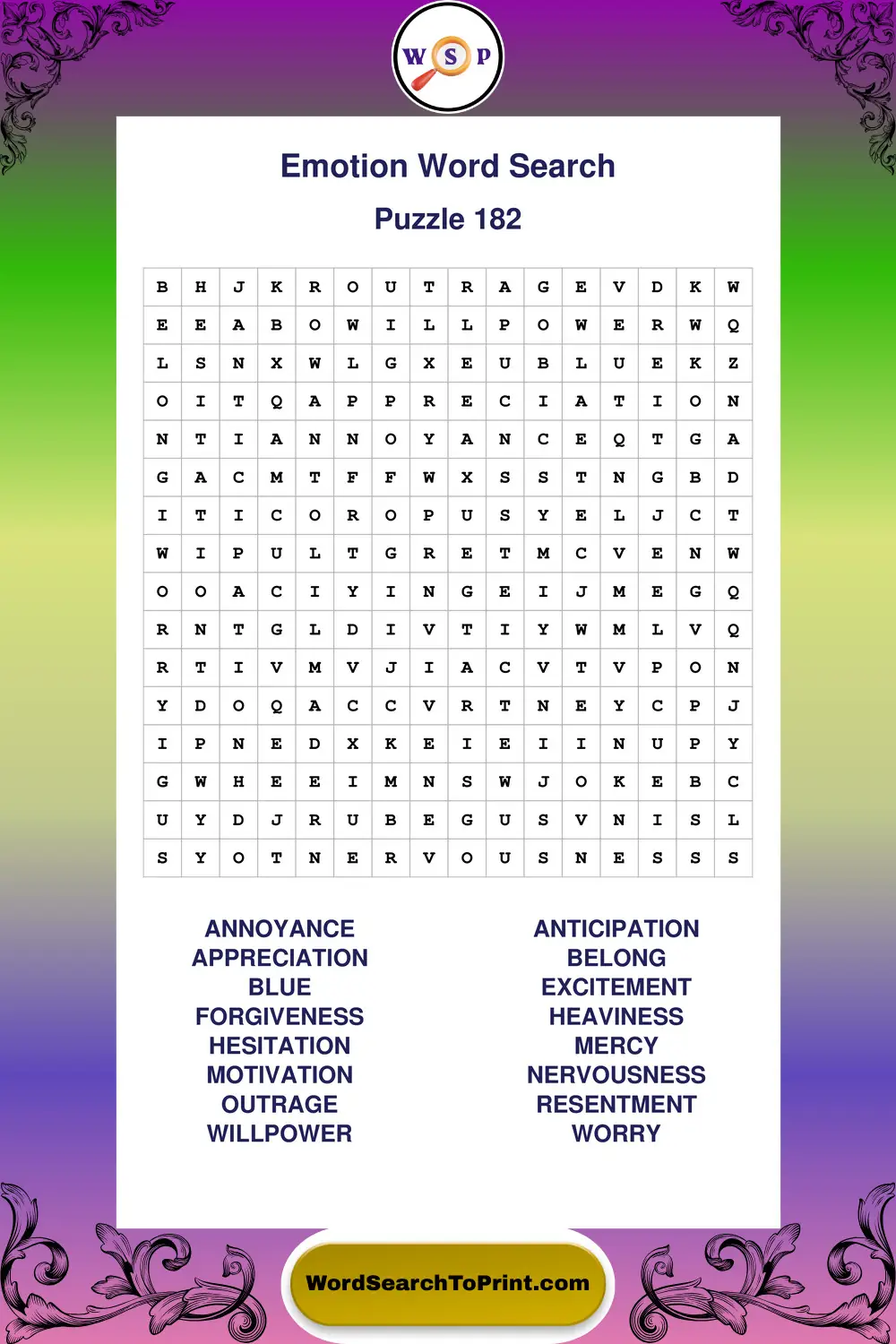 Emotion Word Search Puzzle 182