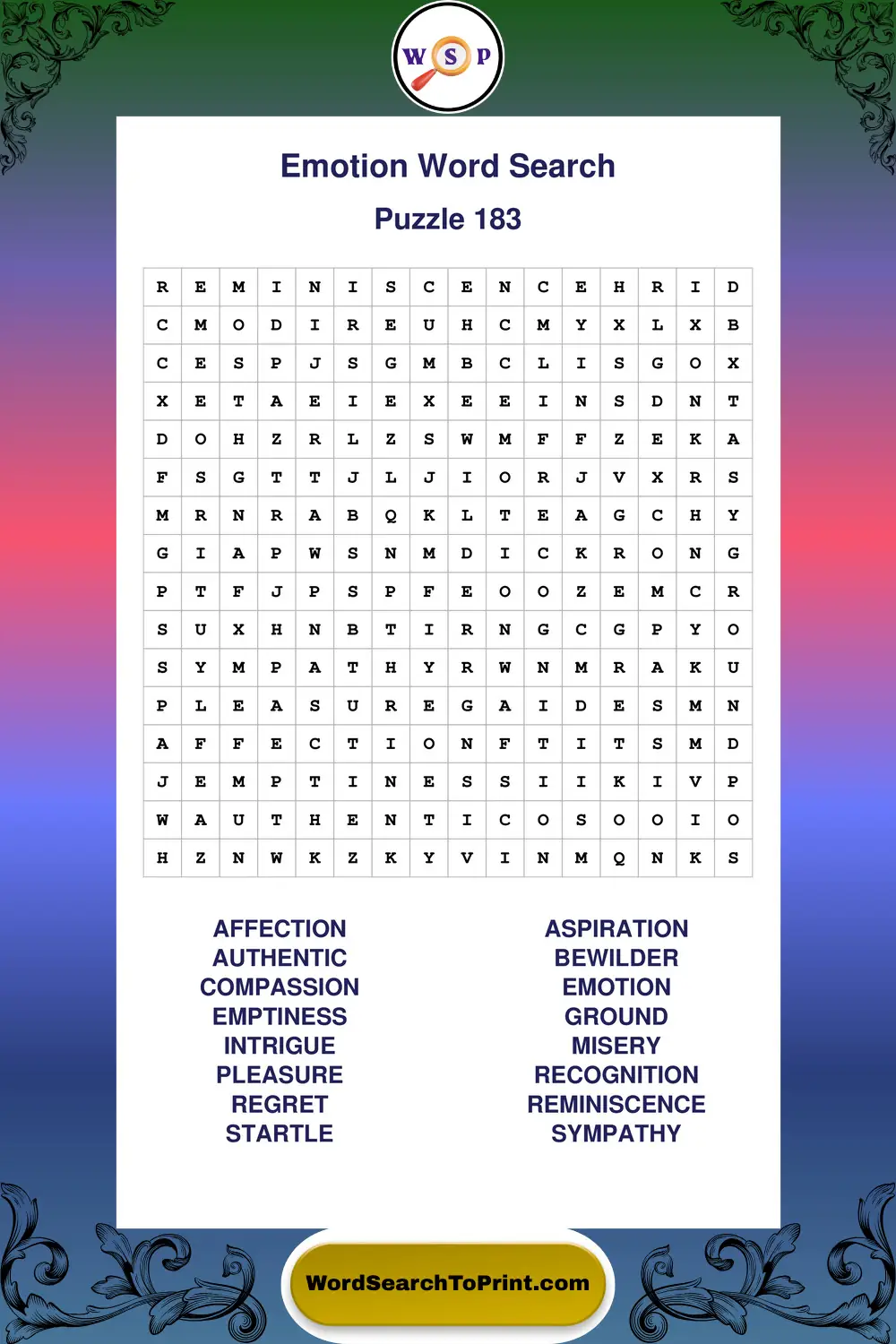 Emotion Word Search Puzzle 183