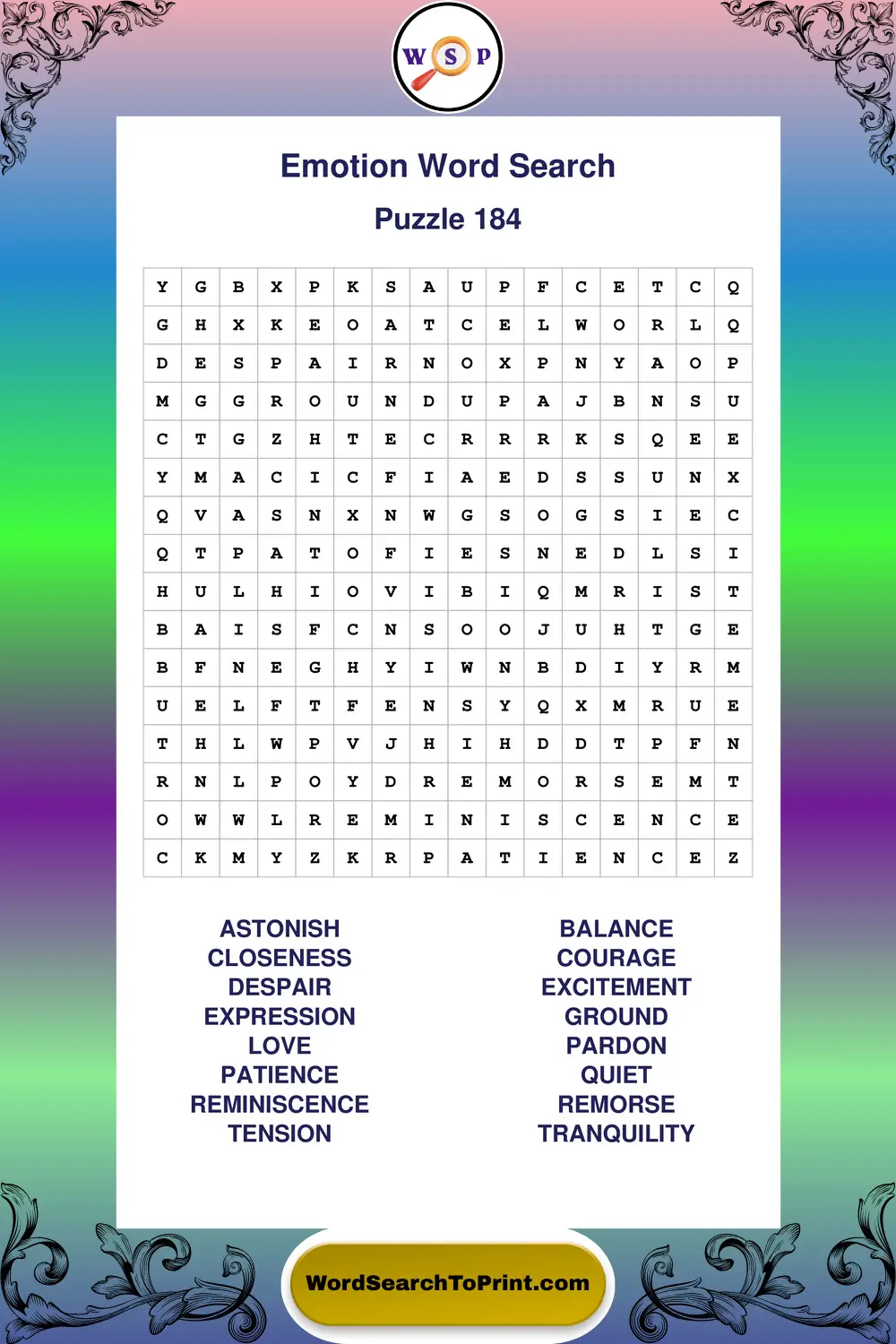 Emotion Word Search Puzzle 184