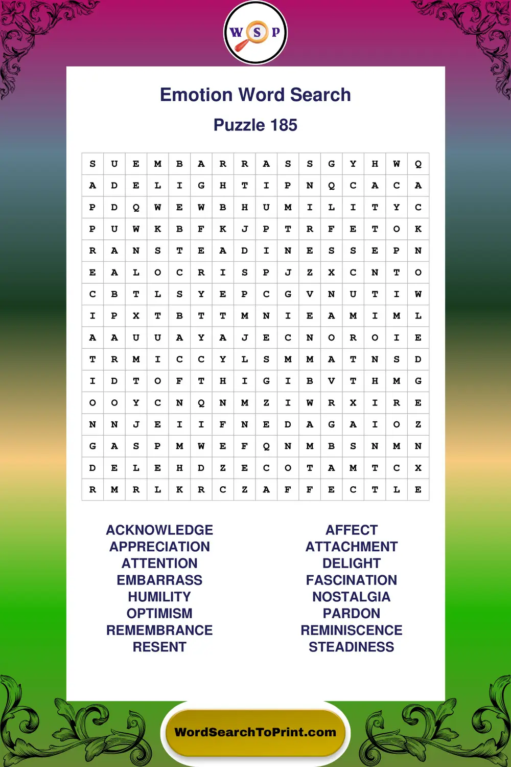 Emotion Word Search Puzzle 185