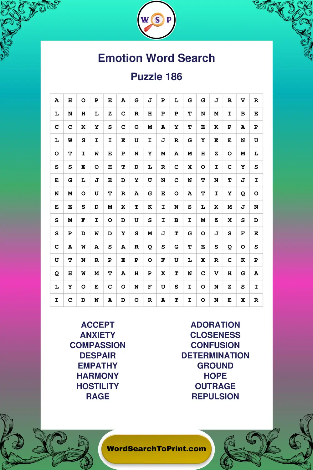 Emotion Word Search Puzzle 186