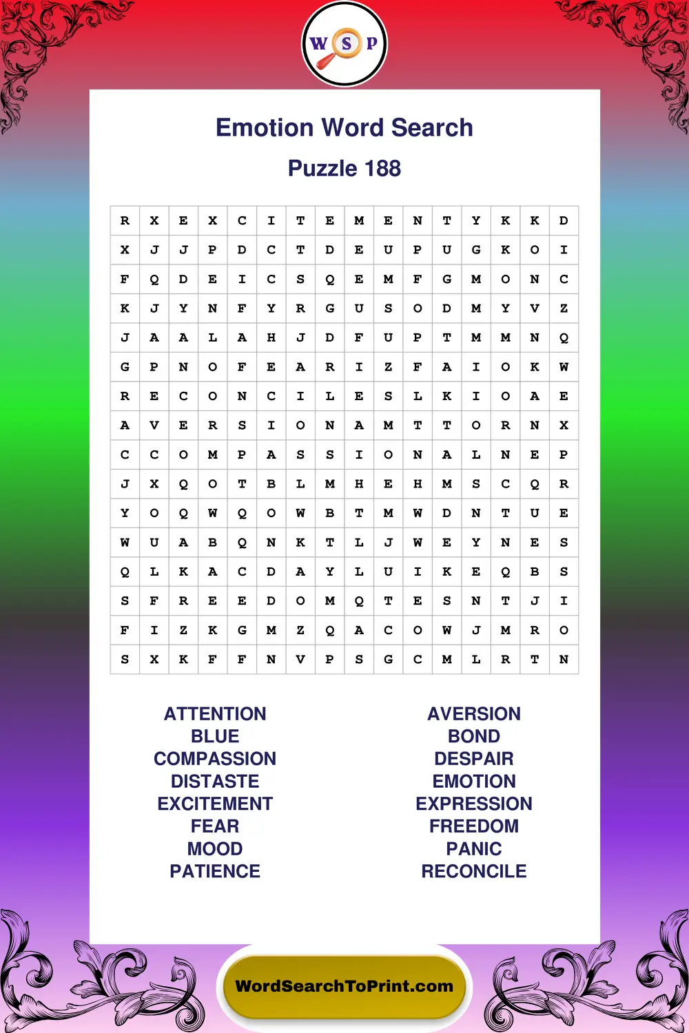 Emotion Word Search Puzzle 188