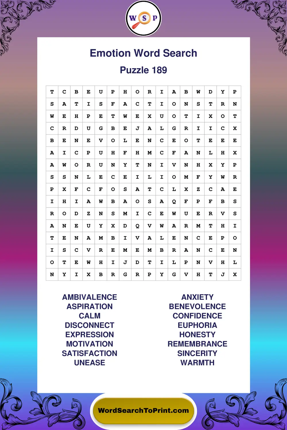 Emotion Word Search Puzzle 189
