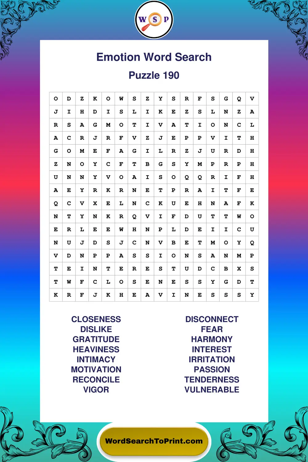 Emotion Word Search Puzzle 190